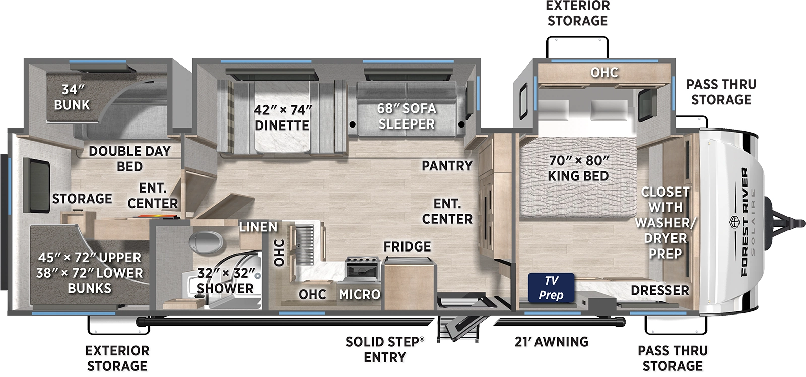 The SolAire Ultra Lite 3200TSBH floorplan has one entry and three slide outs. Exterior features include: fiberglass exterior and 21' awning. Interiors features include: bunk beds and front bedroom.